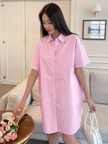 DAZY Solid Pocket Patched Drop Shoulder Shirt Dress,Casual Women Dresses