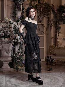 ROMWE Goth 一字肩荷葉邊打褶蕾絲拼接連衣裙 - 黑色 - 查看 4