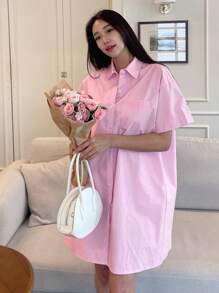 DAZY Solid Pocket Patched Drop Shoulder Shirt Dress,Casual Women Dresses