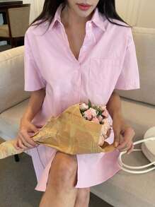 DAZY Solid Pocket Patched Drop Shoulder Shirt Dress,Casual Women Dresses