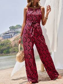 SHEIN VCAY Allover Print Belted Cami Jumpsuit - Multicolor - View 1