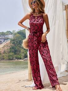 SHEIN VCAY Allover Print Belted Cami Jumpsuit - Multicolor - View 4