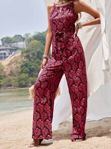 SHEIN VCAY Allover Print Belted Cami Jumpsuit - Multicolor - View 5