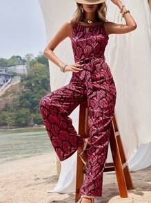 SHEIN VCAY Allover Print Belted Cami Jumpsuit - Multicolor - View 6