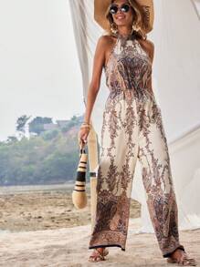 SHEIN VCAY 佩斯利印花繞頸闊腿連體褲 - 彩色 - 查看 3