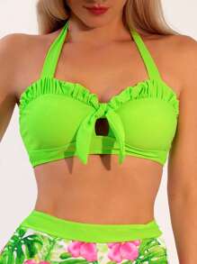 Swim Lushoire 热带印花荷叶边饰结前吊带比基尼套装，适合夏季海滩度假