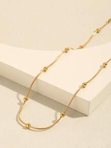 1pc Graduation Season & Mother's Day Simple Stainless Steel Beaded Chain Necklace - Yellow Gold - View 3