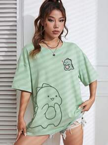 SHEIN EZwear Áo thun hở vai họa tiết hoạt hình Áo thun họa tiết nữ - Màu xanh Bạc hà - Xem 4