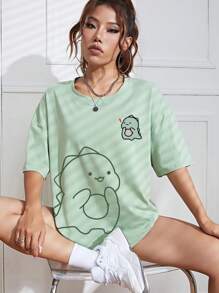 SHEIN EZwear Áo thun hở vai họa tiết hoạt hình Áo thun họa tiết nữ - Màu xanh Bạc hà - Xem 5