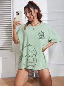 SHEIN EZwear Áo thun hở vai họa tiết hoạt hình Áo thun họa tiết nữ - Màu xanh Bạc hà - Xem 6