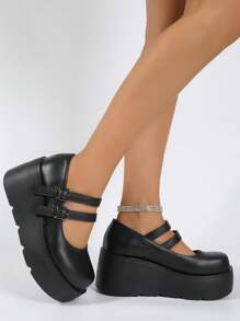 女性搭扣裝飾防水台瑪麗珍學院戶外坡跟鞋