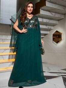 大碼亮片裝飾開衩袖雪紡伴娘洋裝 - 綠色 - 查看 1