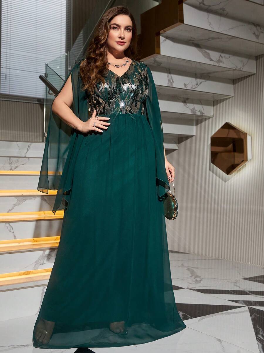 大碼亮片裝飾開衩袖雪紡伴娘洋裝 - 綠色 - 查看 1