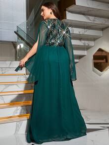 大碼亮片裝飾開衩袖雪紡伴娘洋裝 - 綠色 - 查看 2