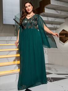 大碼亮片裝飾開衩袖雪紡伴娘洋裝 - 綠色 - 查看 4