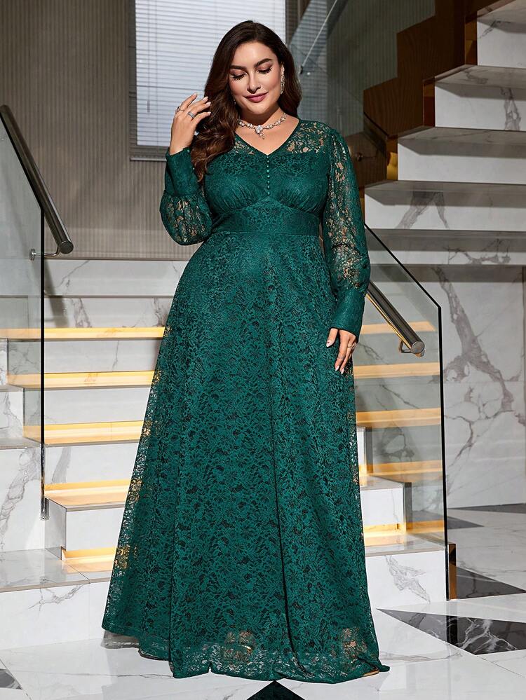 プラス Vネック パフスリーブ レース ドレス | SHEIN JAPAN