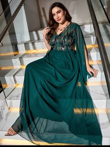 大碼亮片裝飾開衩袖雪紡伴娘洋裝 - 綠色 - 查看 5