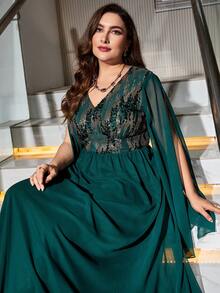 大碼亮片裝飾開衩袖雪紡伴娘洋裝 - 綠色 - 查看 6