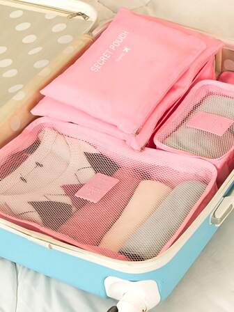 6入組字母圖形旅行收納袋粉色布料服裝包裝袋旅行用
