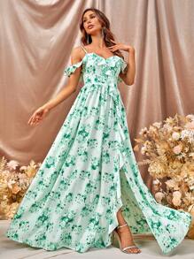 Váy phù dâu Xù Tách cao Dải chun Hoa Tất cả trên in - màu xanh lá - Xem 1