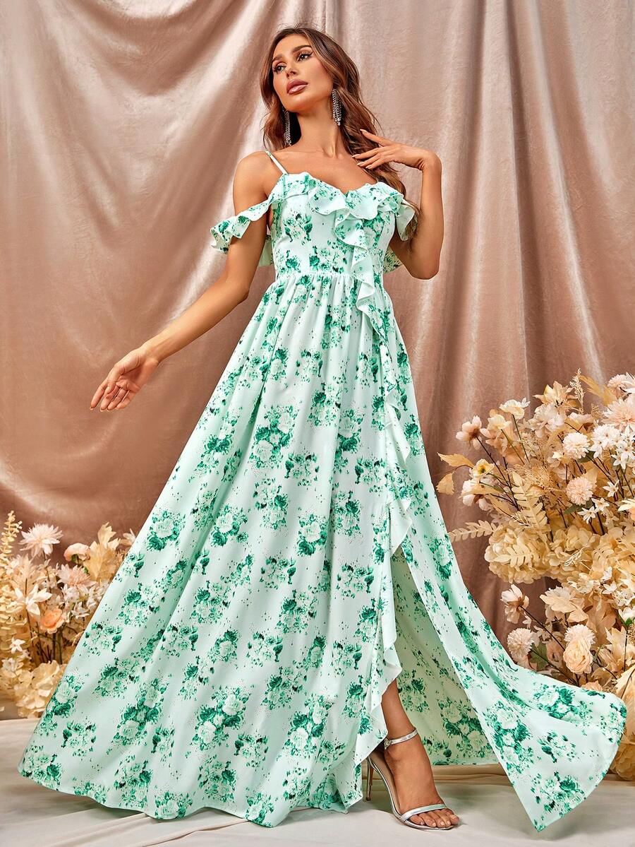 Váy phù dâu Xù Tách cao Dải chun Hoa Tất cả trên in - màu xanh lá - Xem 1
