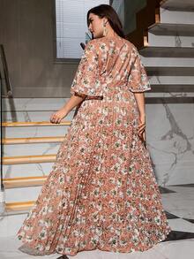 印花蝴蝶袖蕾絲洋裝 - 橘色 - 查看 2