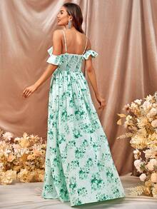 Váy phù dâu Xù Tách cao Dải chun Hoa Tất cả trên in - màu xanh lá - Xem 2