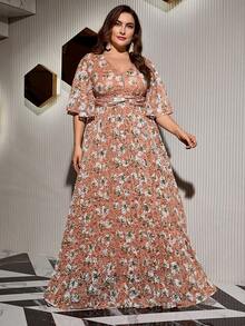 印花蝴蝶袖蕾絲洋裝 - 橘色 - 查看 3