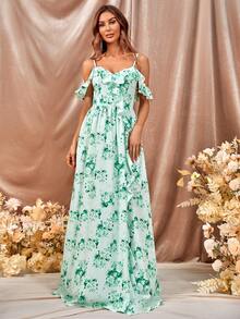 Váy phù dâu Xù Tách cao Dải chun Hoa Tất cả trên in - màu xanh lá - Xem 4