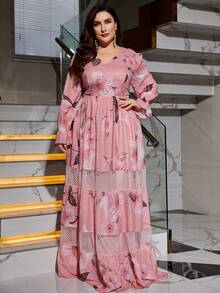 Plus Floral Print Flounce Sleeve Ruffle Hem Bridesmaid Dress - Pink - View 3