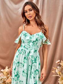 Váy phù dâu Xù Tách cao Dải chun Hoa Tất cả trên in - màu xanh lá - Xem 5