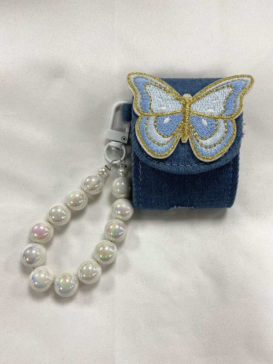 Jeans Embroidery 3d Butterfly Design Airpods Pro/2 Wireless Earphones Protective Cover/case With Protective Rope, Compatible With Airpods Pro/1/2/3, For Women - Baby Blue - View 1