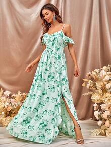 Váy phù dâu Xù Tách cao Dải chun Hoa Tất cả trên in - màu xanh lá - Xem 6