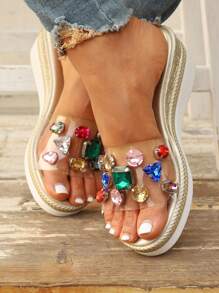 Women Rhinestone Decor Clear Strap Wedge Slide Sandals, Glamorous Summer Sandals - Multicolor - View 2