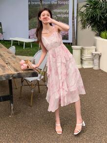 DAZY Vestido de tirantes con estampado floral ribete con fruncido - Rosa - Ver 1