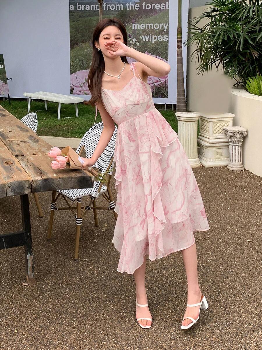 DAZY Vestido de tirantes con estampado floral ribete con fruncido - Rosa - Ver 1