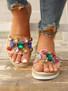 Women Rhinestone Decor Clear Strap Wedge Slide Sandals, Glamorous Summer Sandals - Multicolor - View 3