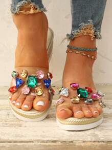 Women Rhinestone Decor Clear Strap Wedge Slide Sandals, Glamorous Summer Sandals - Multicolor - View 5