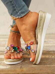 Women Rhinestone Decor Clear Strap Wedge Slide Sandals, Glamorous Summer Sandals - Multicolor - View 6