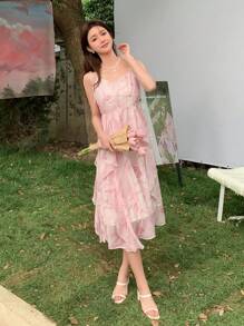 DAZY Vestido de tirantes con estampado floral ribete con fruncido - Rosa - Ver 4