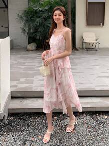 DAZY Vestido de tirantes con estampado floral ribete con fruncido - Rosa - Ver 7