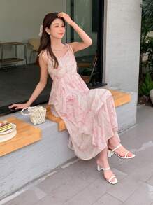 DAZY Vestido de tirantes con estampado floral ribete con fruncido - Rosa - Ver 8