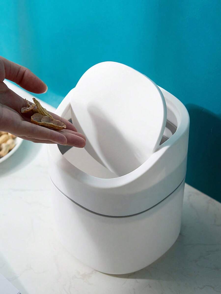 Thùng rác mini để bàn bằng nhựa có thể có nắp xoay, thích hợp cho văn phòng, bàn, bàn trang điểm phòng tắm, quầy bar cà phê - trắng - Xem 1