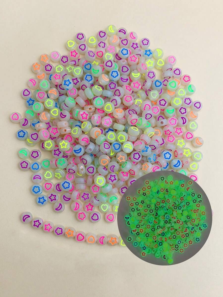 100 Cái/bộ Dạ Quang Ngôi Sao & Mặt Trăng & Hình Trái Tim Phẳng Hạt Nhựa Cho Tự Làm Vòng Tay Vòng Cổ Trang Sức Làm (Màu Sắc & Hoa Văn Ngẫu Nhiên) - Nhiều màu - Xem 1