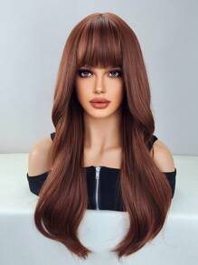 波浪狀的24英寸長款人造假髮帶劉海適合女士 - 紅木色 - 查看 1