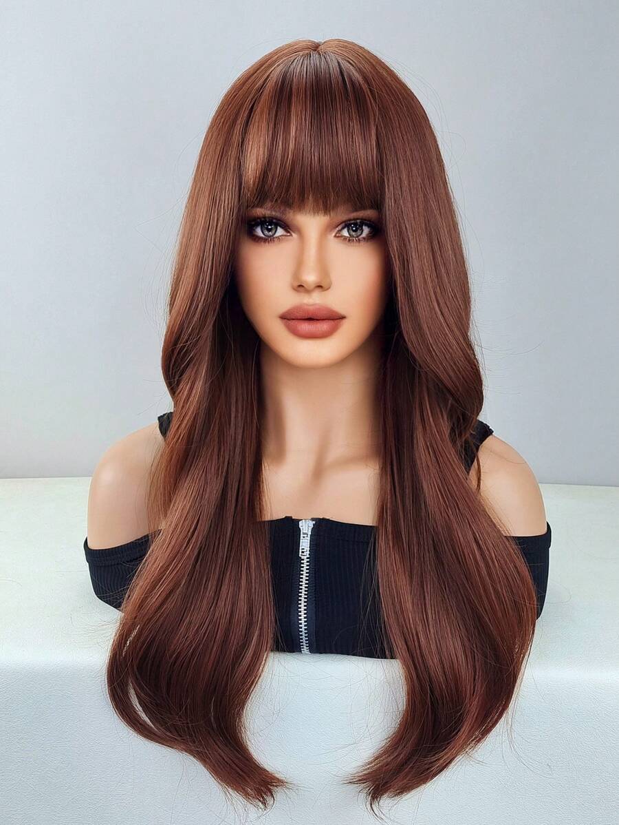 波浪狀的24英寸長款人造假髮帶劉海適合女士 - 紅木色 - 查看 1