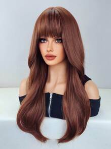 波浪狀的24英寸長款人造假髮帶劉海適合女士 - 紅木色 - 查看 4