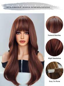 波浪狀的24英寸長款人造假髮帶劉海適合女士 - 紅木色 - 查看 5