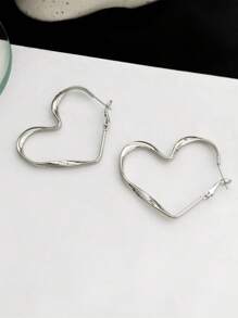 2 件心形设计环形耳环 情人节、妈妈、母亲、母亲节、礼物 - 銀色 - 查看 2