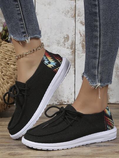 Women Geometric Pattern Lace-up Front Shoes, Sporty Outdoor Canvas Sneakers